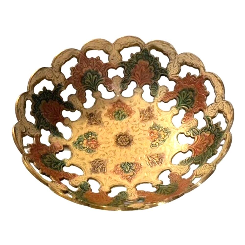 Brass etched & painted reticulated bowl